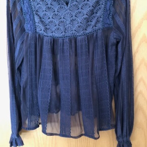 Anthropologie Blank London Boho Dark Blue Textured Collared Sheer Blouse Small - Picture 8 of 9
